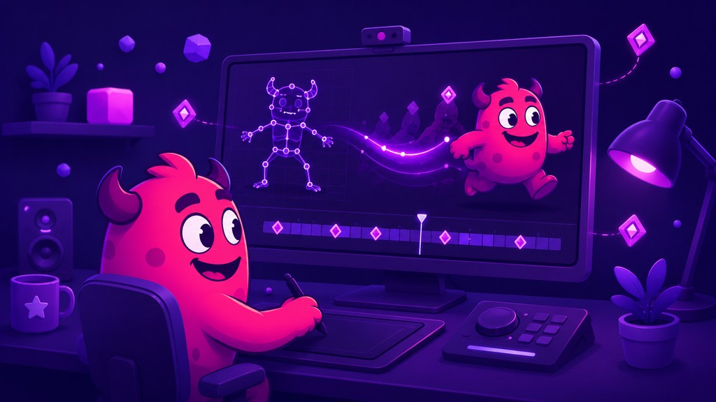 Artstash Creative mascot animating a character at a workstation, blending a motion-capture skeleton rig with AI-generated motion on an animation timeline