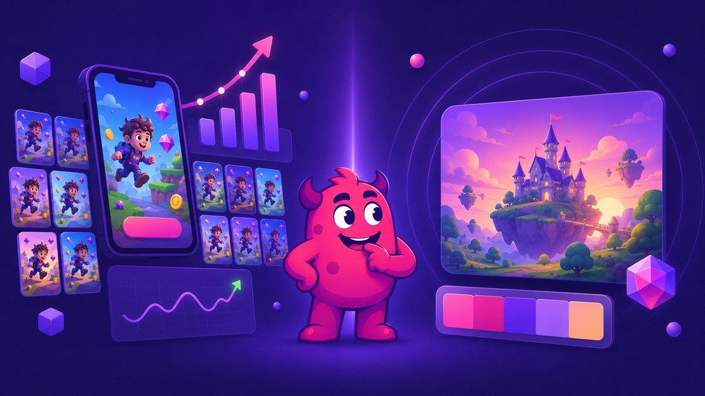 Performance creative agency vs brand agency: high-volume mobile game ad variants and performance charts on one side, brand hero art and colour palette on the other