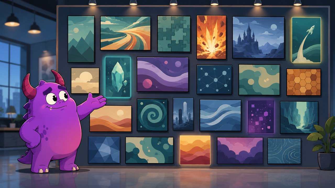 Artstash Creative mascot presenting a gallery wall of mobile game ad creative work, representing 32 titles delivered for publishers including Activision Blizzard, Electronic Arts and Krafton