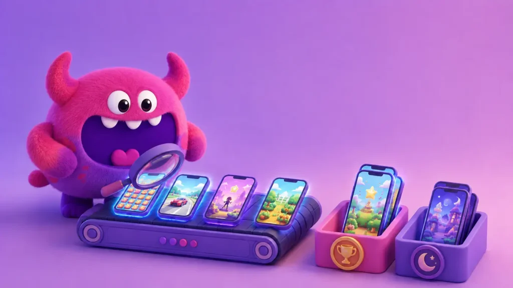 Artstash monster mascot inspecting mobile game ad creatives on a conveyor belt with a magnifying glass, sorting winning and fatigued creatives into trays