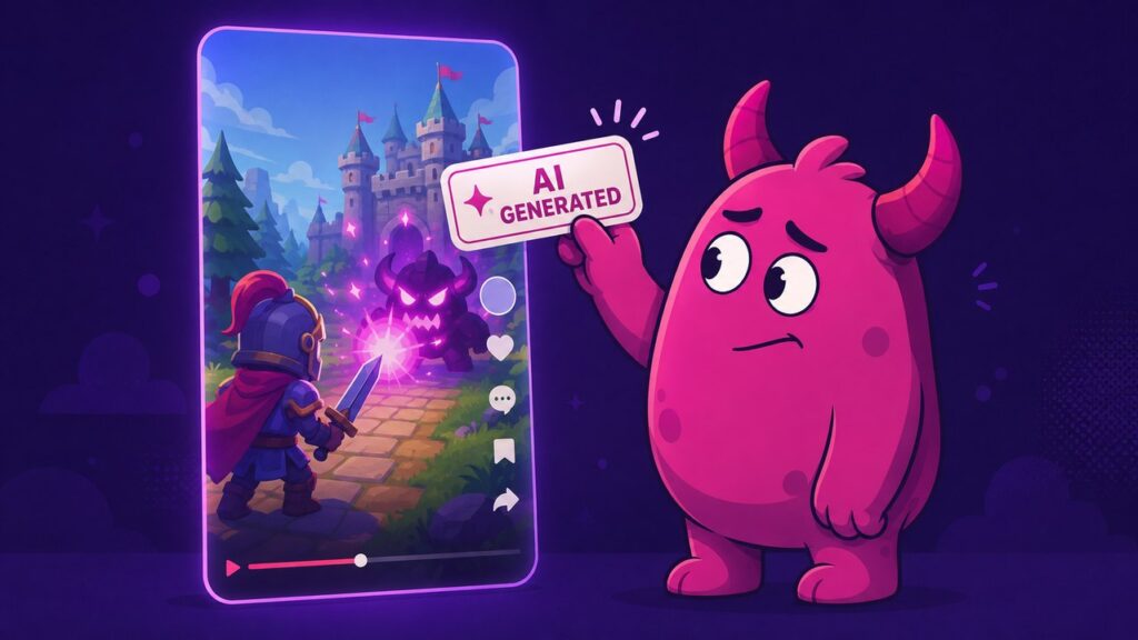 Artstash Creative mascot holding an AI Generated disclosure label beside a vertical mobile game ad, illustrating TikTok's new AI ad labelling rules
