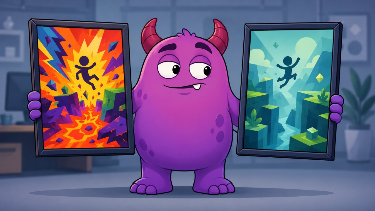 Artstash Creative mascot comparing an over-dramatised fake gameplay ad against an honest one, illustrating mobile game ad creative best practices